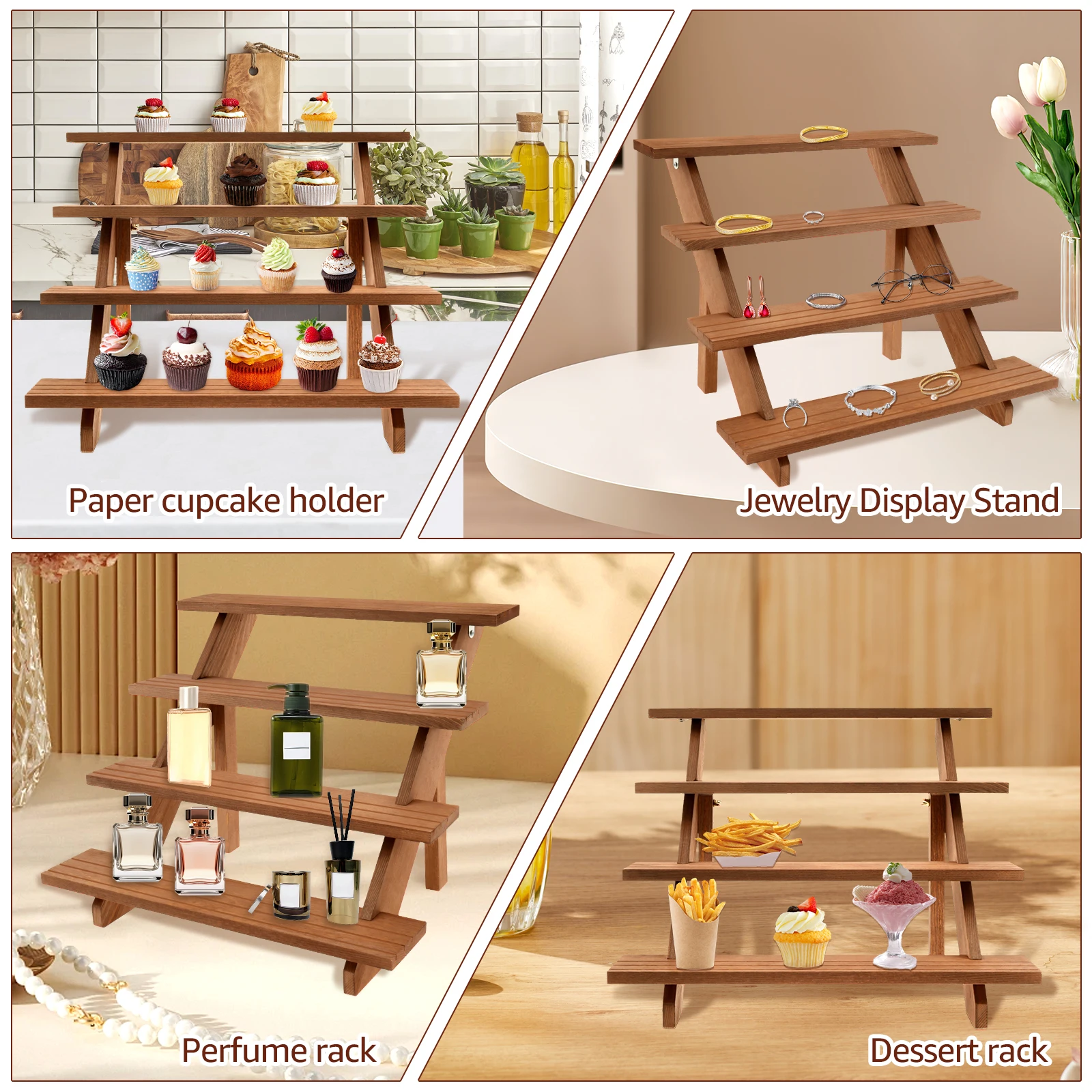 3/4-Layer Wooden Display Stand Detachable Multifunctional Table Display Riser for Cupcake Jewelry Collectibles Dolls Toy Display