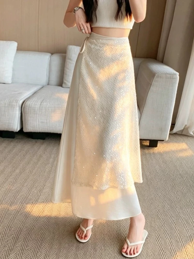 Skirt Acetate Women Summer Lightweight Elaborate Sparkly Sequin Tie Mock Two Piece High Waist Draping A Line So Long Dress