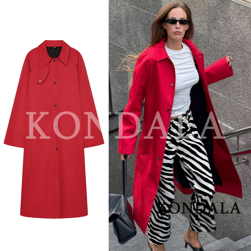 KONDALA Women Fall Elegant Long Trench Coat Commute High Street Single-breasted Trench Coat 2026 Autumn Trendy Casual Red Coat