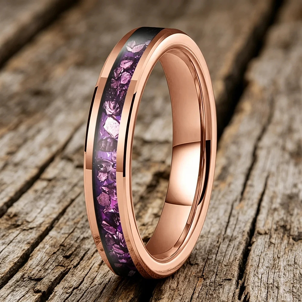 4mm Wolframringe mit Lila Edelstein-Einlage, Modeschmuck, Verlobungs- und Eheringe für Männer und Frauen, Poliert Glänzend, Komfortabler Sitz – Detail 11