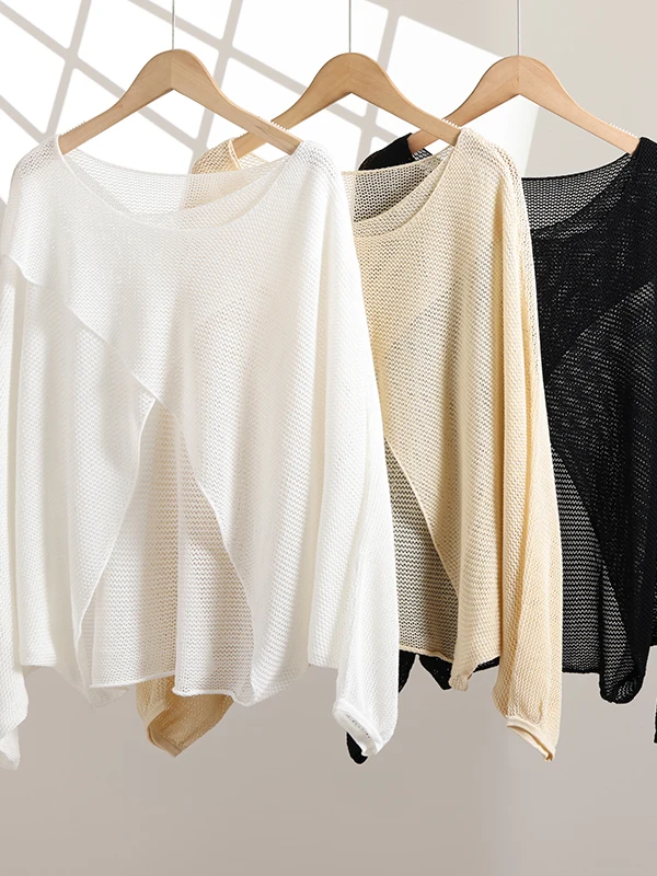 เสื้อคลุมกันแดดทรงกลม ไซส์ใหญ่ ผ้าลูกไม้ คอไขว้ แขนยาว สีพื้น สำหรับผู้หญิง ฤดูร้อน