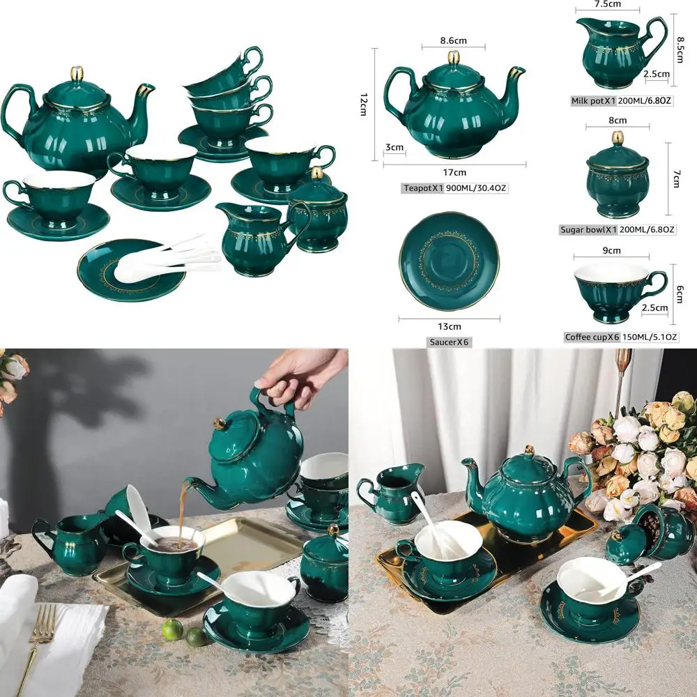 

Elegant 21-Piece Vintage-Style Green Tea Set with Gold Trim, Fine China for 6, Perfect for Parties & Christmas Gifts