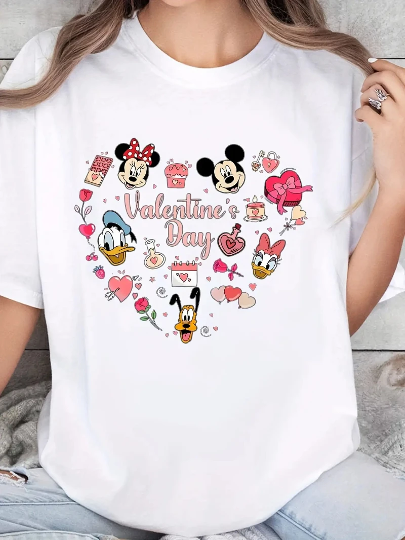Disney Women's Valentine's Day Mickey and Friends Pattern T-shirt - Breathable Cotton Short Sleeve Round Neck Casual Summer Top