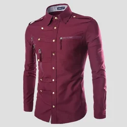 2024 Spring Men Long Sleeve Cargo Shirt Casual Slim Fit Fashion Double Pocket Mens Shirt Men Clothing Turn-Down Collar