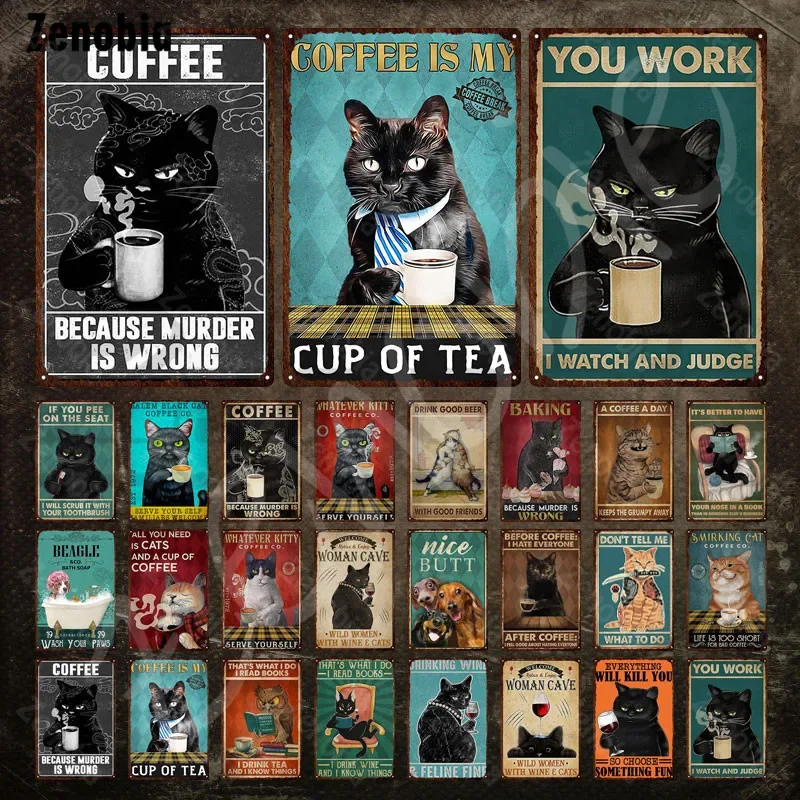 Black Cat Metal Poster Drinking Coffee and Beer Cat Metal Si