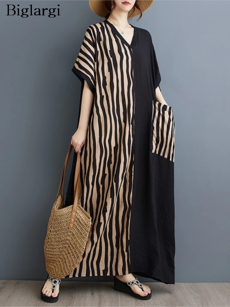 Oversized Summer V-Neck Long Dress Women Striped Print Patchwork Fashion Ladies Dresses Casual Loose Pleated Woman Dress