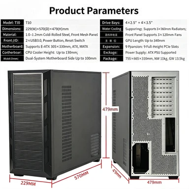 EATX Tower Workstation Case, 240/360mm Water Cooling Support, Multi-GPU Installation Desktop Chassis for Industrial Computing