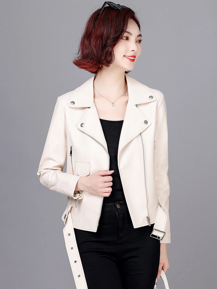 New Women Moto Leather Jacket Spring Autumn Fashion Cool Biker Style Suit Collar Short Sheepskin Coat Slim Split Leather Jacket