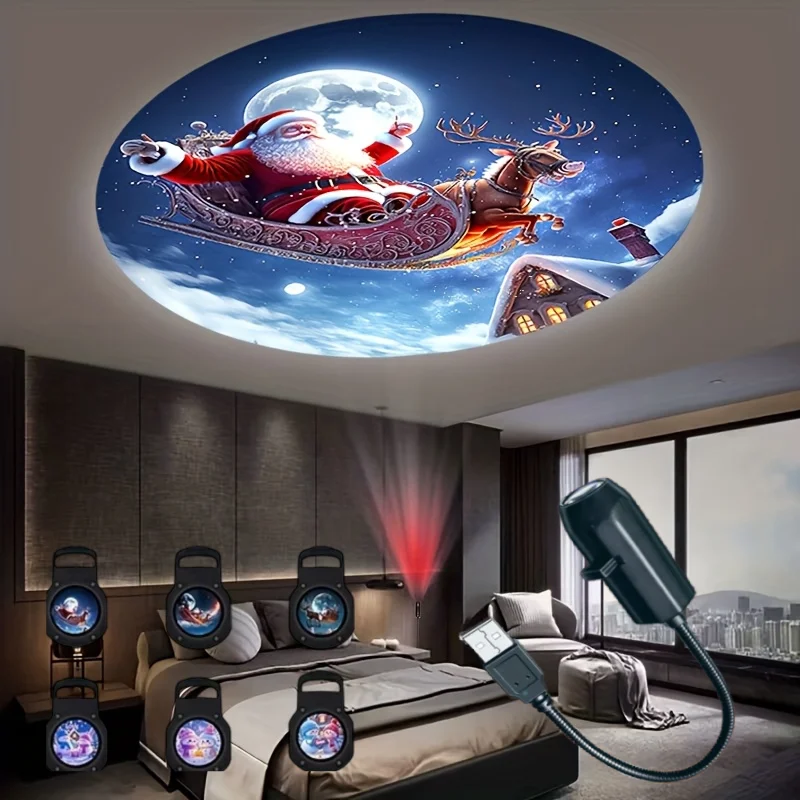 LED USB Projector Light 3/6pcs Projection Patterns- Adjustable Santa Claus Snowman Tree Night Light for Christmas Decorations