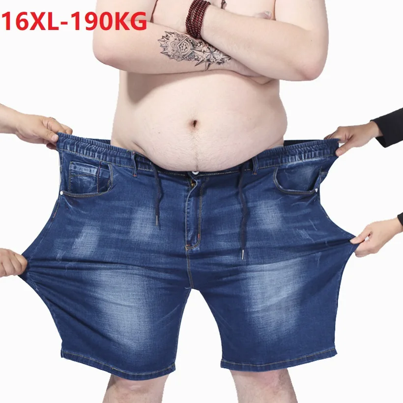 

plus size 16XL 190KG men's denim shorts pants high elasticity waist summer shorts straight jeans high stretch blue large