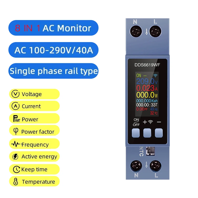 Voltmètre AC sur Rail DIN WiFi Tuya, compteur d'énergie intelligent, tension/courant/puissance/kWh/PF/Hz/multifonction 0.96 pouces, compteur de puissance 8 en 1