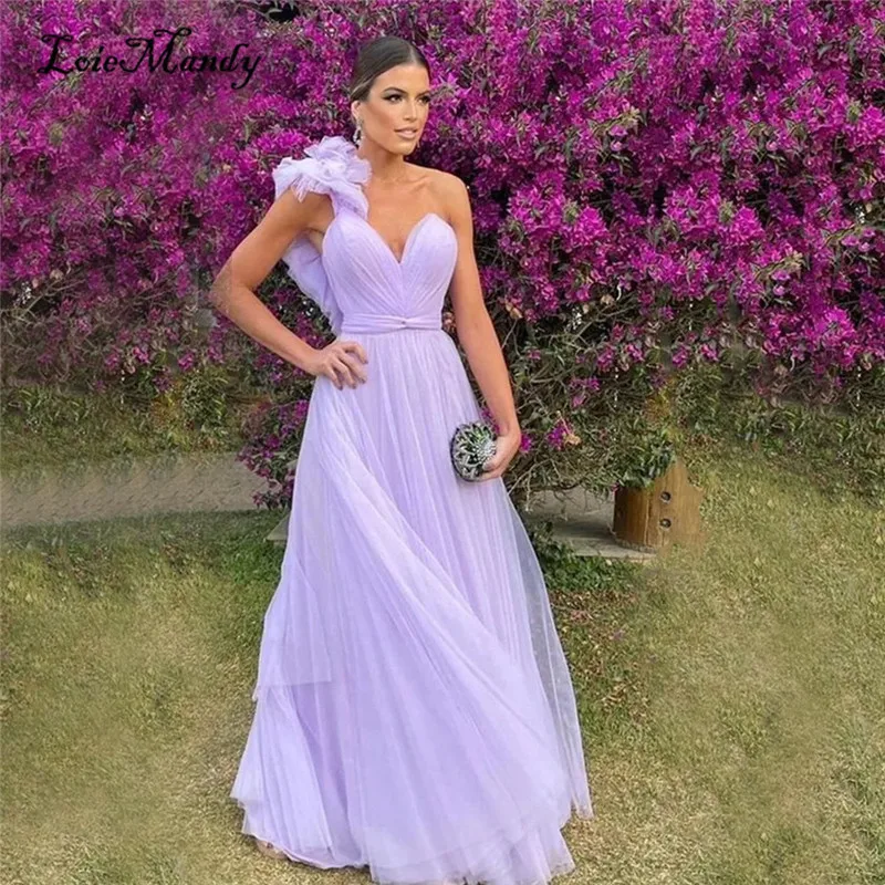 

One Shoulder Lavender Evening Dresses Long Elegant Ruffled Tulle A-line Prom Dress Party For Women Formal Vestidos de gala