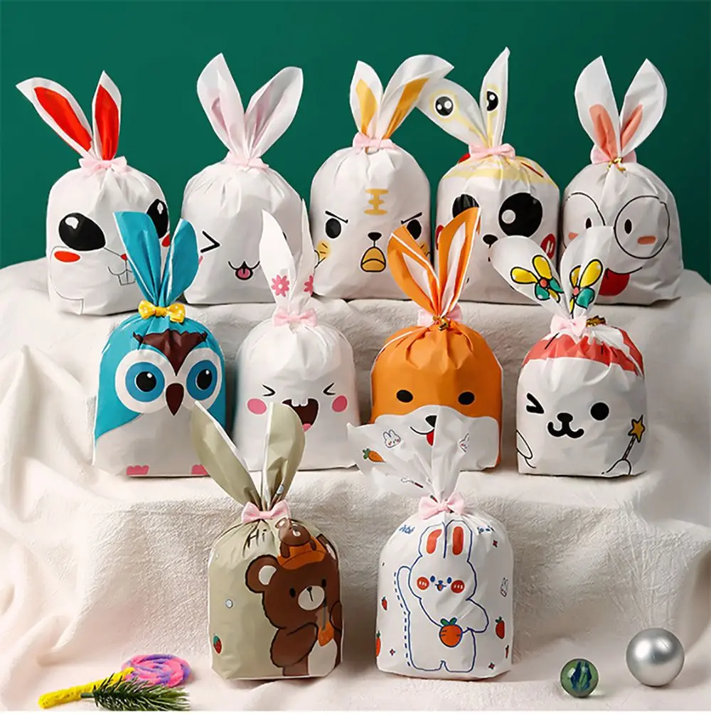 50pcs New Easter Carton Rabbit Ear Bags Plastic Animal Candy Bags For Kids Birthday Biscuits Candy Packaging DIY Gifts Supplies