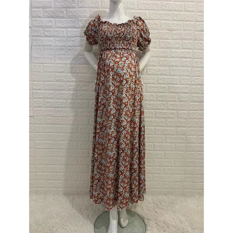 Pregnancy Clothes Print Square Neck Bubble Sleeve Maternity Dress Pregnant Photo Bohemian Shrink Pleated Split Photography Skirt