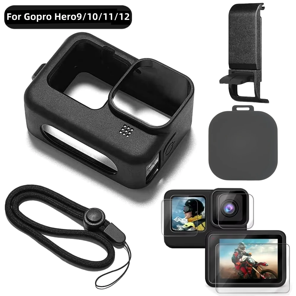 Silikonhülle für GoPro Hero 12 11 10 9, schwarzes gehärtetes Glas, Displayschutzfolie, Schutzfolie, Objektivdeckel-Abdeckung für Go Pro 11-Hülle