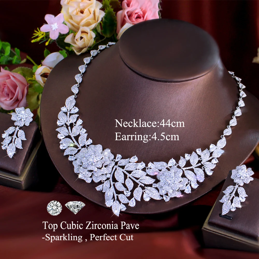 BeaQueen Brilliant White Big Flower Paved Cubic Zirconia Chunky Big Necklace Earrings Jewelry Set for Women Wedding Party T0648