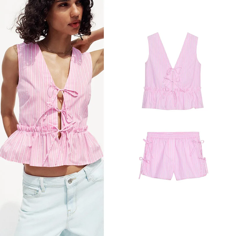 Conjunto de Moda de Verão com Top Sem Mangas em V com Estampa de Laço e Calças Curtas, Roupa Fena em Dois Peças