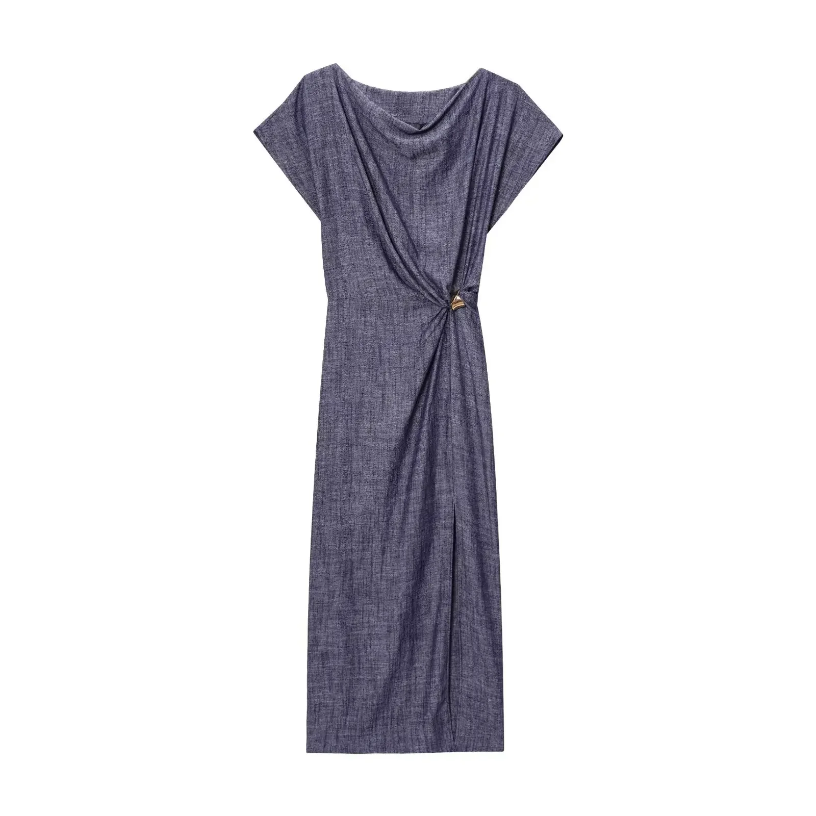 Elegantes Midikleid mit O-Ausschnitt für Damen, kurzärmelig, solide, natürliche Taille, lässig für Frühling, Sommer, Urlaubskleid 3720787