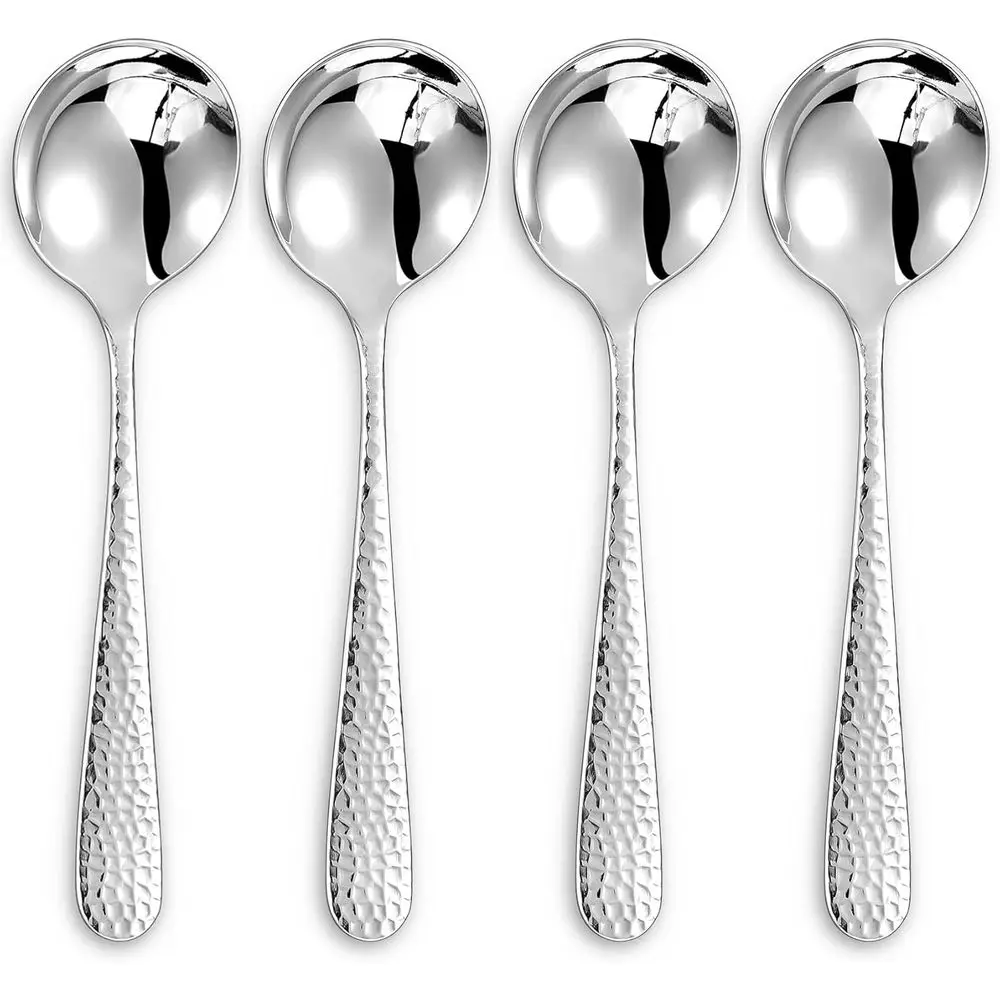 

4-Piece Hammered Spoons Set, 18/10 Stainless Steel, Set of 4, Round Edge, Dishwasher Safe (7 Soup Spoons)