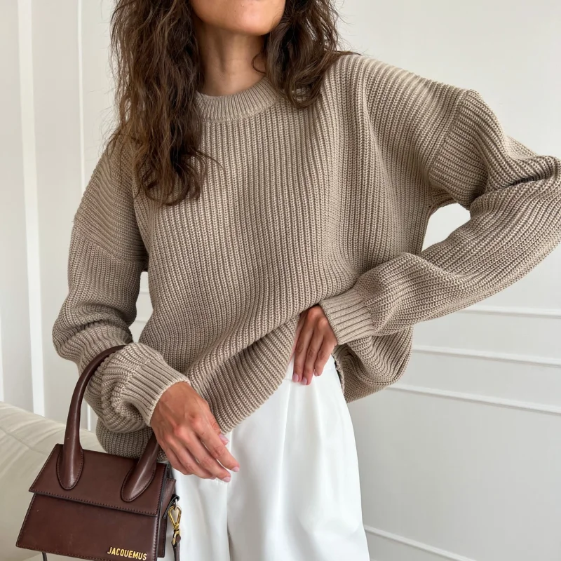 

Women's Knitted Sweater Fashionable Round Neck Loose Solid Color Lazy Autumn And Winter European And American Sweater