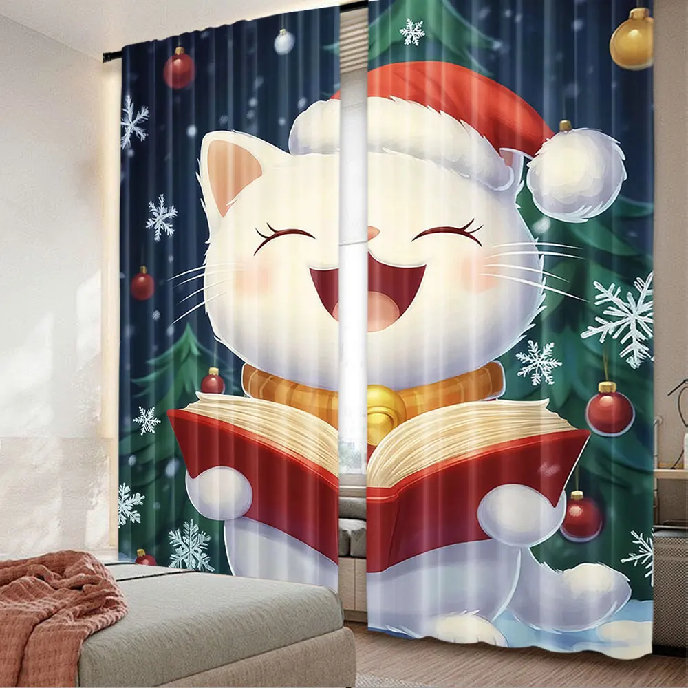 2Pcs Christmas Curtains Cute Cat Wearing Santa Hat Sing Christmas Carols Suitable For Bedroom Living Room Dining Room Holiday