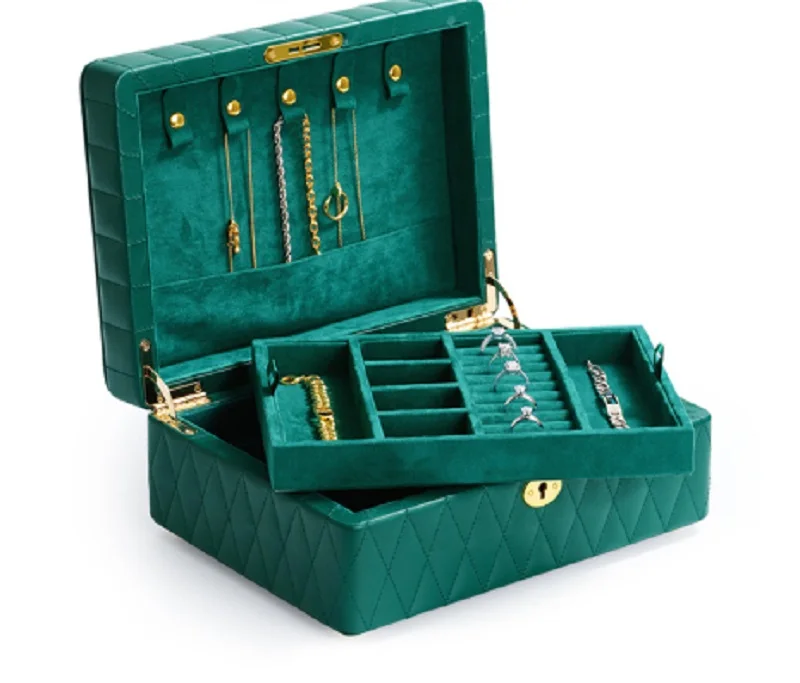 Luxury Emerald Green Quilted Leather Large Jewelry Box with Lock, Multi-Layer Organizer for Rings, Earrings, Necklaces & Watches