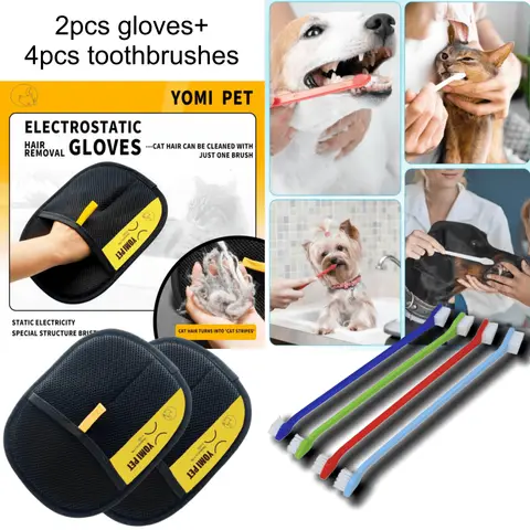 2Pcs Pet Hair Removal Gloves + 4Pcs Double-Headed Toothbrushes, Grooming Cleaning Kit For Dogs Cats, Pet Bath & Dental Care Set