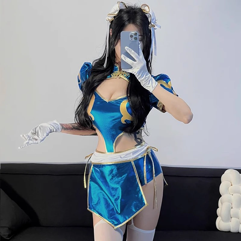 

Games Blue Chun Li Cosplay Costumes Women Sexy Split Cheongsam Dresses Bodysuit Headwear Suit Halloween Carnival Party Clothing
