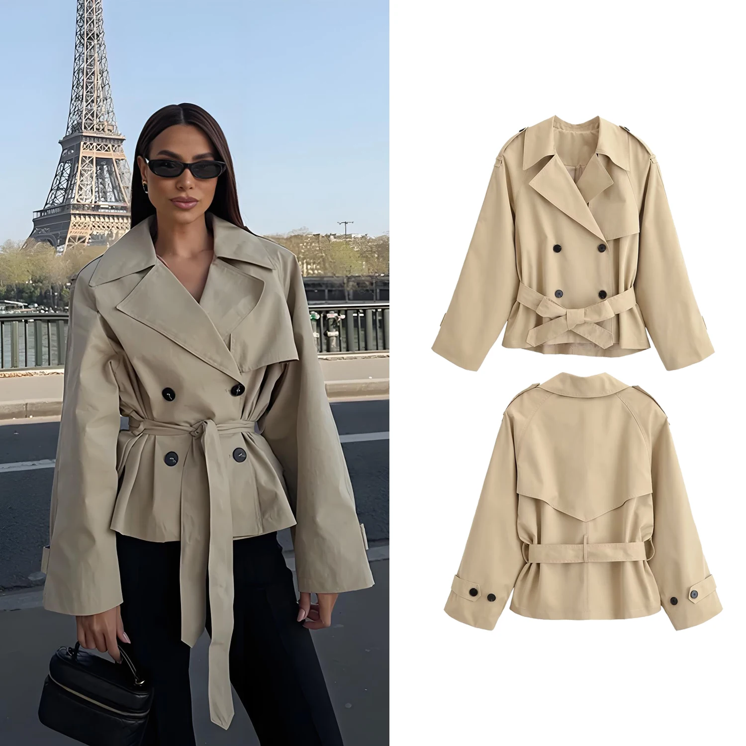 

Women Short Windbreak Coats Spring New Female Lapel Neck Double Breasted Loose Lace Up Jackets Lady Chic Casual Outwear Tops