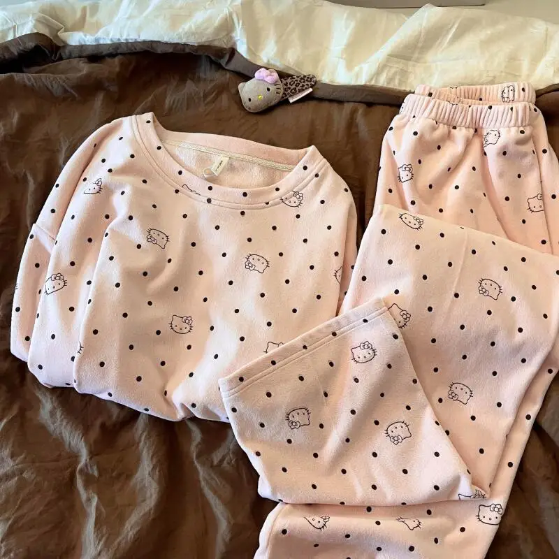 

Sanrio Hello Kitty Women's Pajama Set Cuteore Cartoon Student Winter Sleepwear Long-Sleeved Trouser Nightgown Warm Home Suit New