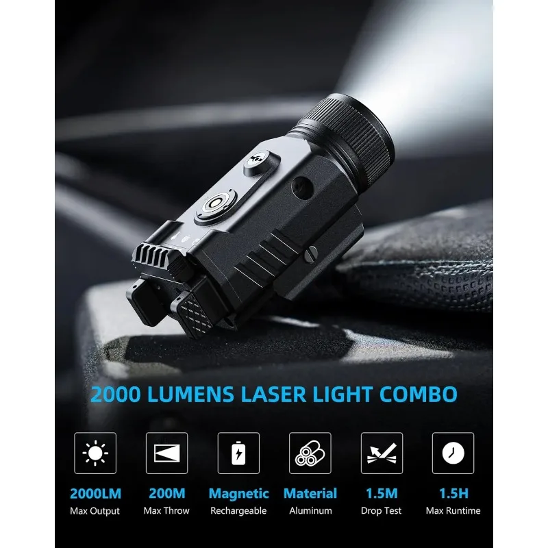 2000 Lumen Green Laser Pistol Light Combo, Magnetic Rechargeable with Quick Release for Home Defense and Hunting