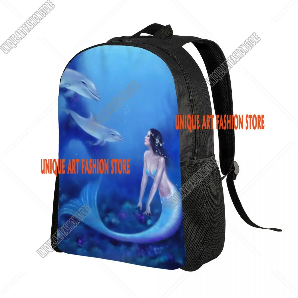 3D Print Beautiful Mermaid And Dolphins Backpack for Ocean Fantasy Art School College Travel Bags Bookbag Fits 15 Inch Laptop