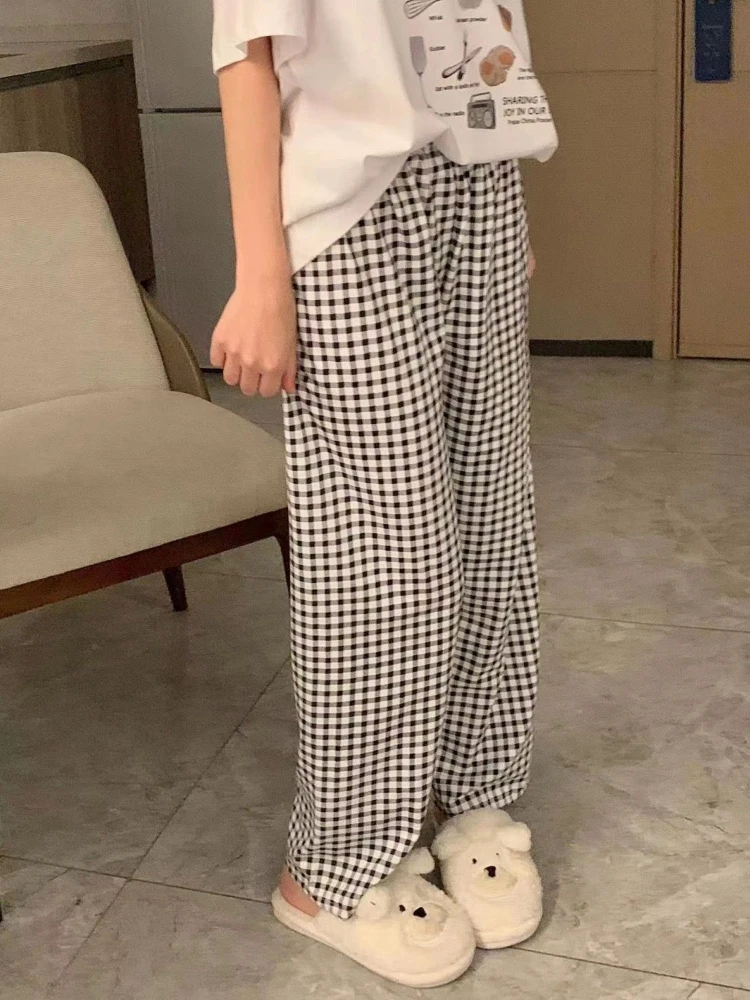 

Women Plaid Pajama Pants Kawaii Clothing Sleepwear Summer Bottoms Loungewear Elastic Waist Length Pants Nightwear Trouser New