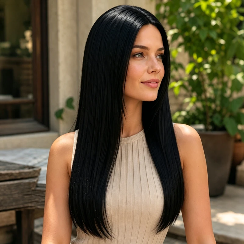 

Elegant 28-inch synthetic black straight wig, glossy center-parted long hair, creating a sophisticated feminine look.