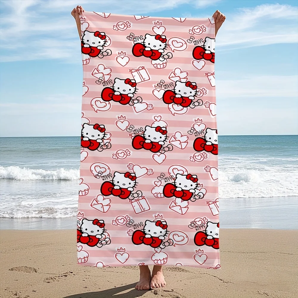 1 יחידה סאניריו הלו קיטי מגבת חוף פוליאסטר - מגבת נסיעות רכה לשחייה קלה ומתייבשת במהירות, דוגמת פסים ורודים ולבבות, יוניסקס