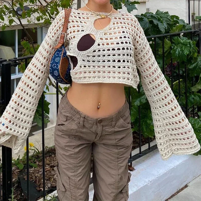 

Knitted Hollow Out Crop Sweater 90s Vintage Loose Pullovers Y2K Aesthetic Crochet Top Sexy Streetwear Long Sleeve Cover Ups