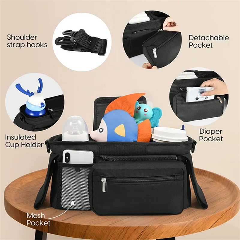Bolsa de armazenamento universal 3 em 1 para carrinho de bebê, grande capacidade, bolsa suspensa de viagem, suporte de tecido para garrafa de telefone, bolsa de fraldas para múmia