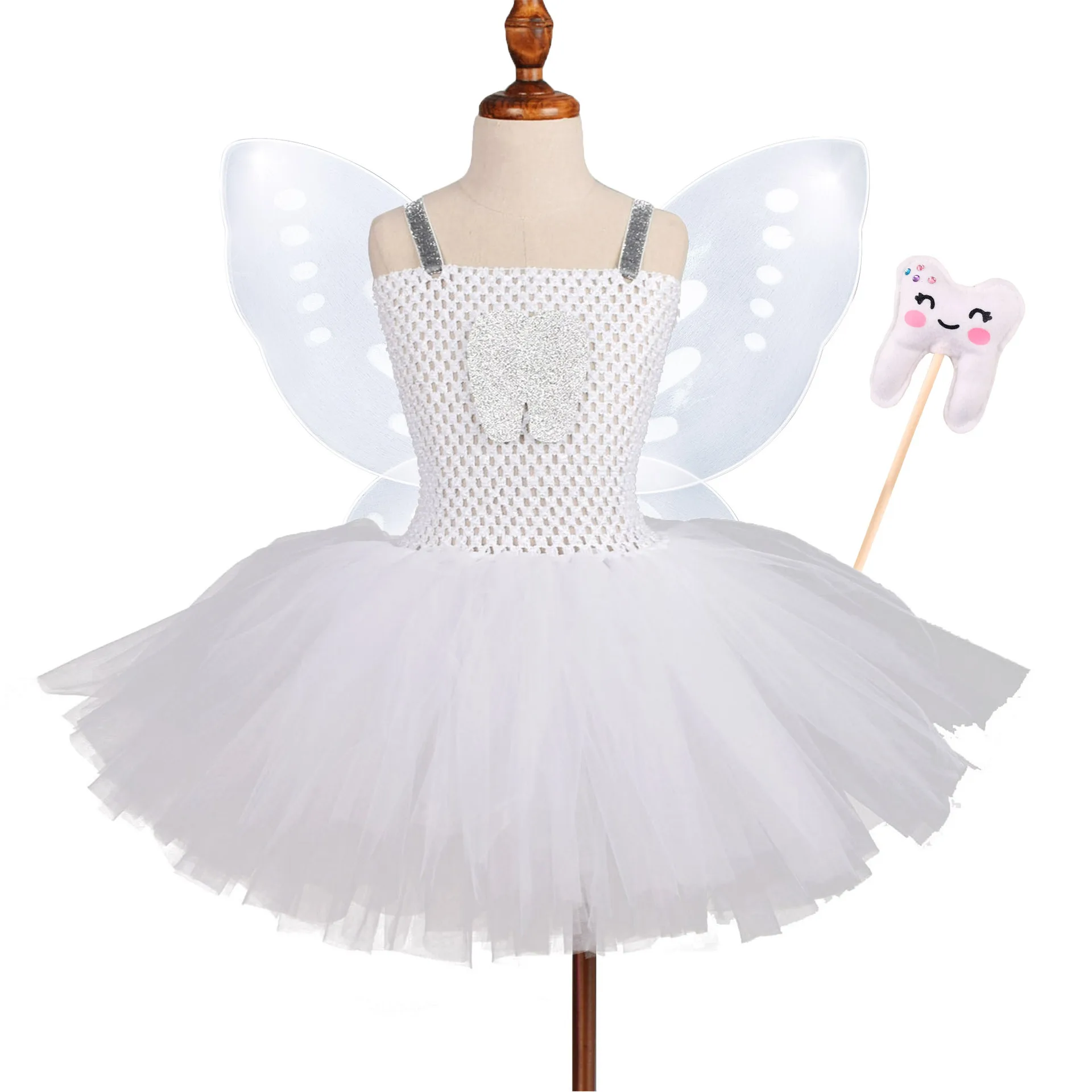 Tooth Fairy Costume for Girls Kids Halloween Dress Up Toothfairy Princess Dress with Wand Outfit