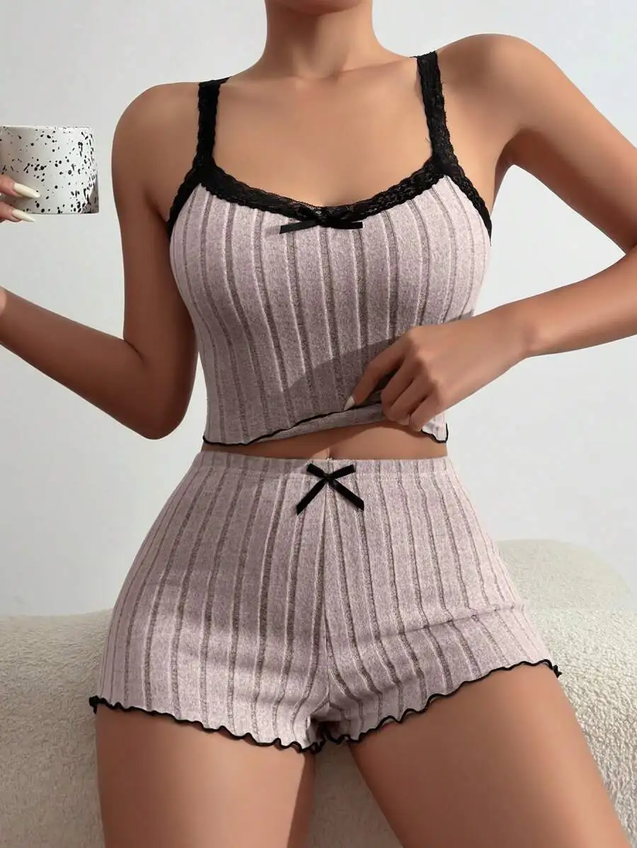 Women Lace Trimmed Cami Top And Shorts Pajama Set Lounge Wear