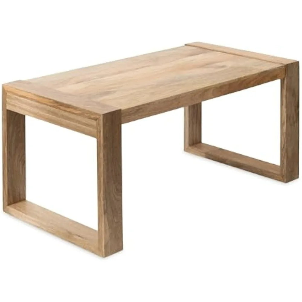 Table basse rectangulaire géométrique avec motif en bois de mangue massif épais, plateau en bois, 36x20x18, naturel