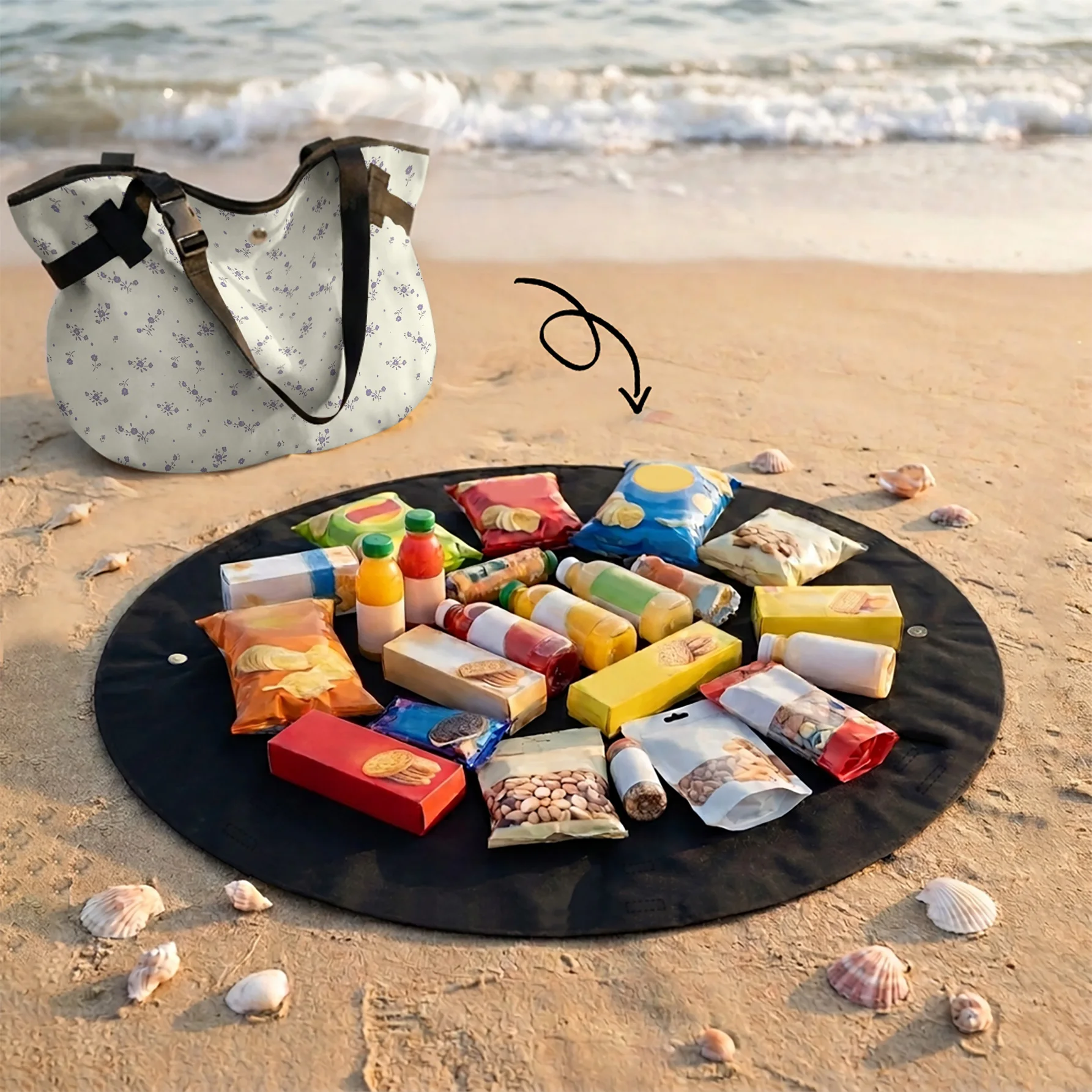Purple Tiny Floral Print 2 In 1 Tote Bag & Round Picnic Mat, Waterproof Foldable Mat For Camping Beach Picnic Outdoor Travel