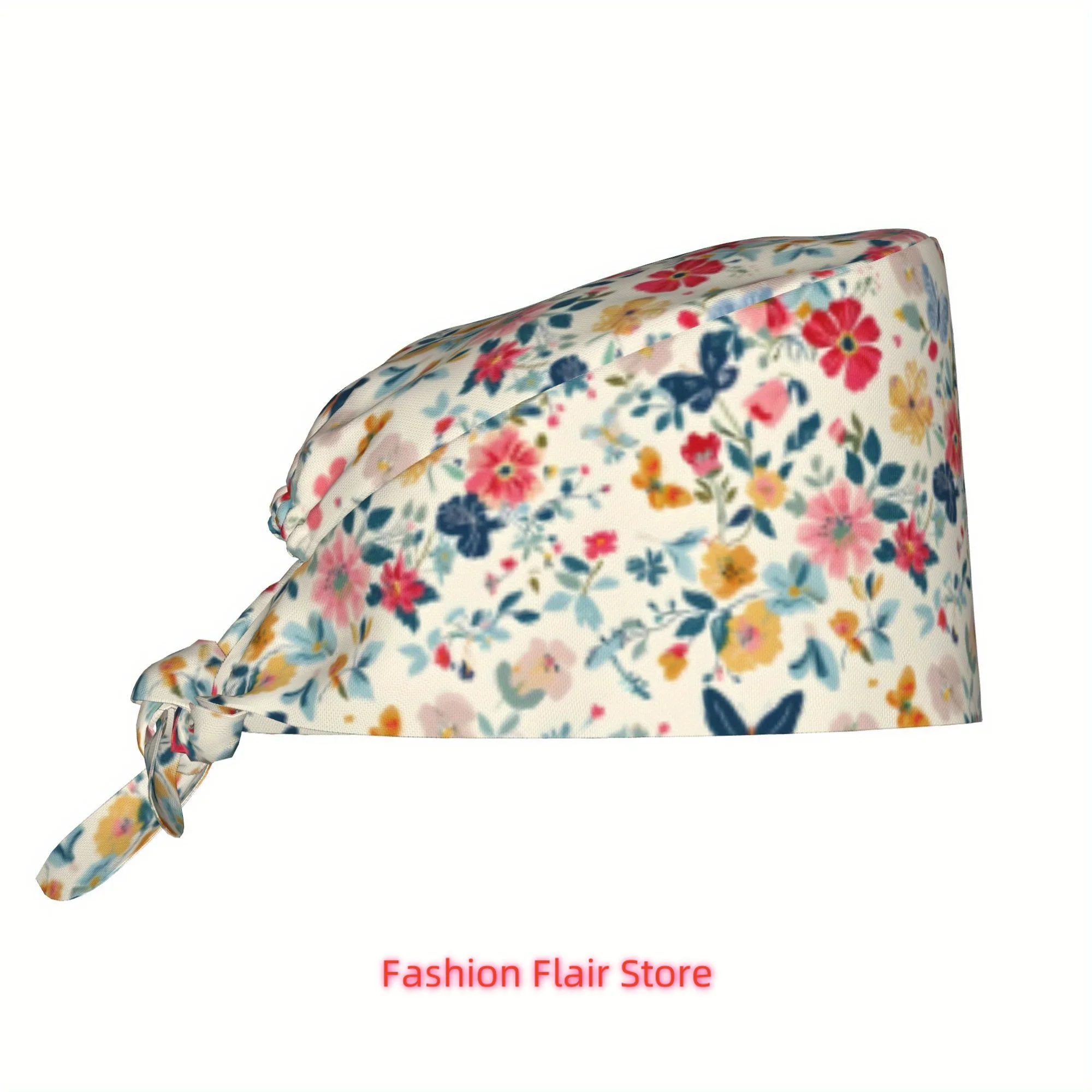 1pc Flower Unisex Stylish Printed Work Cap - Lightweight Adjustable Skull Cap Tie-Back Nurse Hat, Dustproof Chef & Cooking Cap