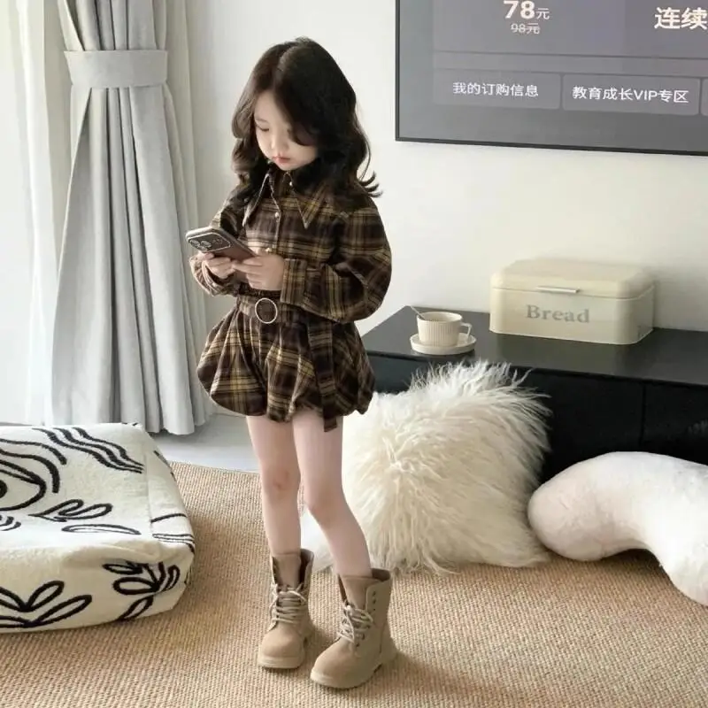 

Children's Clothing New Style Girls Plaid Shirt Shorts Set Cotton Street Wear Retro Hong Kong Style Korean Fashion New