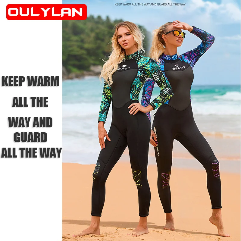 Oulylan Women's 3MM Neoprene Wetsuit Ladies One-Piece Long Sleeves Warm Snorkeling Swimming Drifting Surfing Diving Suit