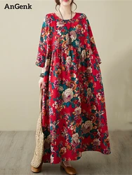 Abiti Vintage floreali con stampa a maniche lunghe in cotone Oversize per le donne 2024 autunno Casual abito allentato Femme abiti abiti eleganti