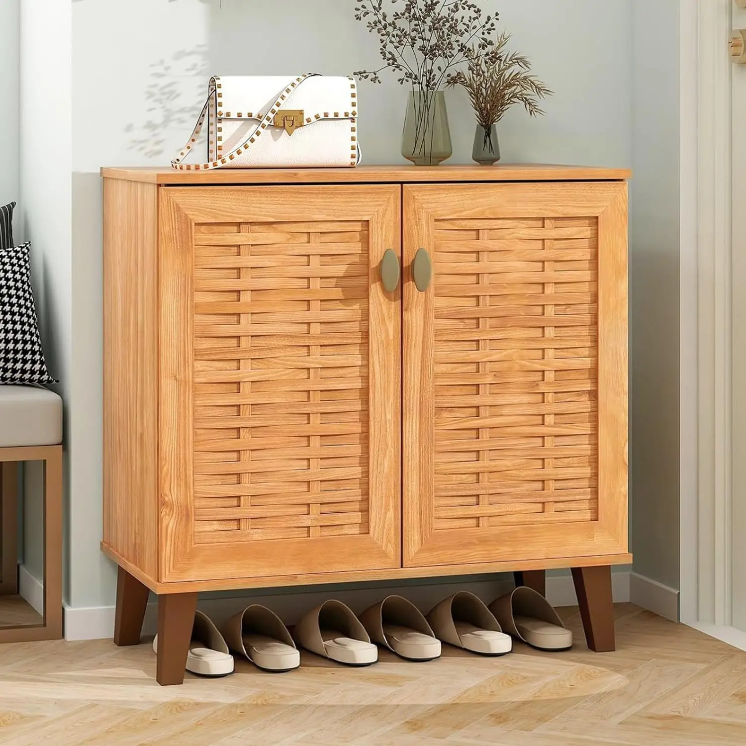 

Shoe Storage Cabinet, 4-Tier Farmhouse Shoe Organizer w/ 3 Removable Shelves, Rustic Freestanding Shoe Cabinet, Customized