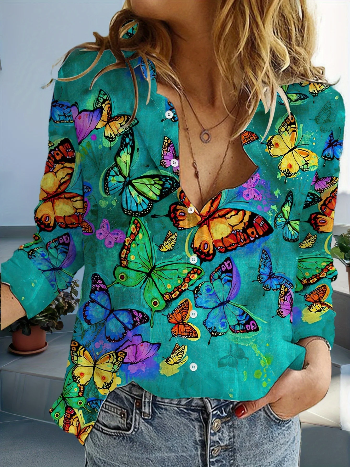 Fashion Flowers butterflies Pattern 3D print Women's Long Sleeve Shirt Simple Lapel Tops Autumn Casual Commuter Women Clothing