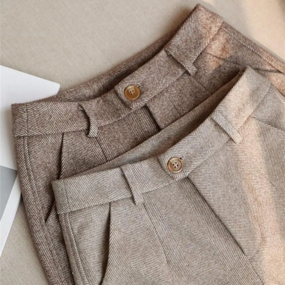 

Autumn Winter Woolen Pants Women's Harem Pencil Pants High Waist Herringbone Woolen Fabric Suit Trousers Solid Color Long Pants