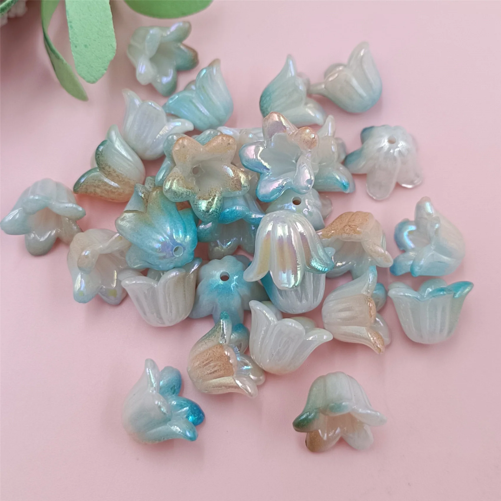 

30pcs 11X15mm Plated Color Halo Dyed Acrylic Beads Lily Of The Valley Flower Earrings Handmade DIY Orchid For Jewelry Making