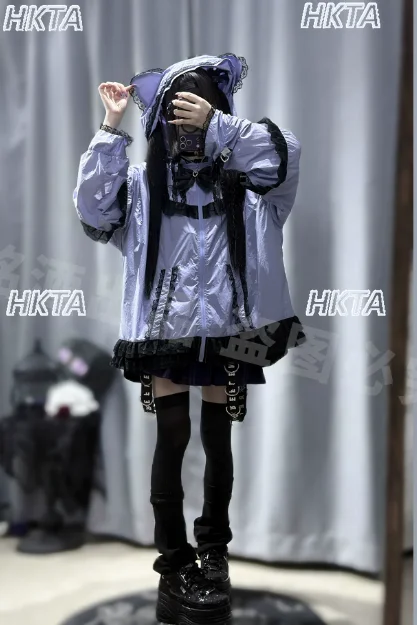 Japanese Y2K Subculture Summer Black Jacket Lace Bow Pocket Loose Light Breathable Outdoor Sunscreen Clothing Hooded Coat Women